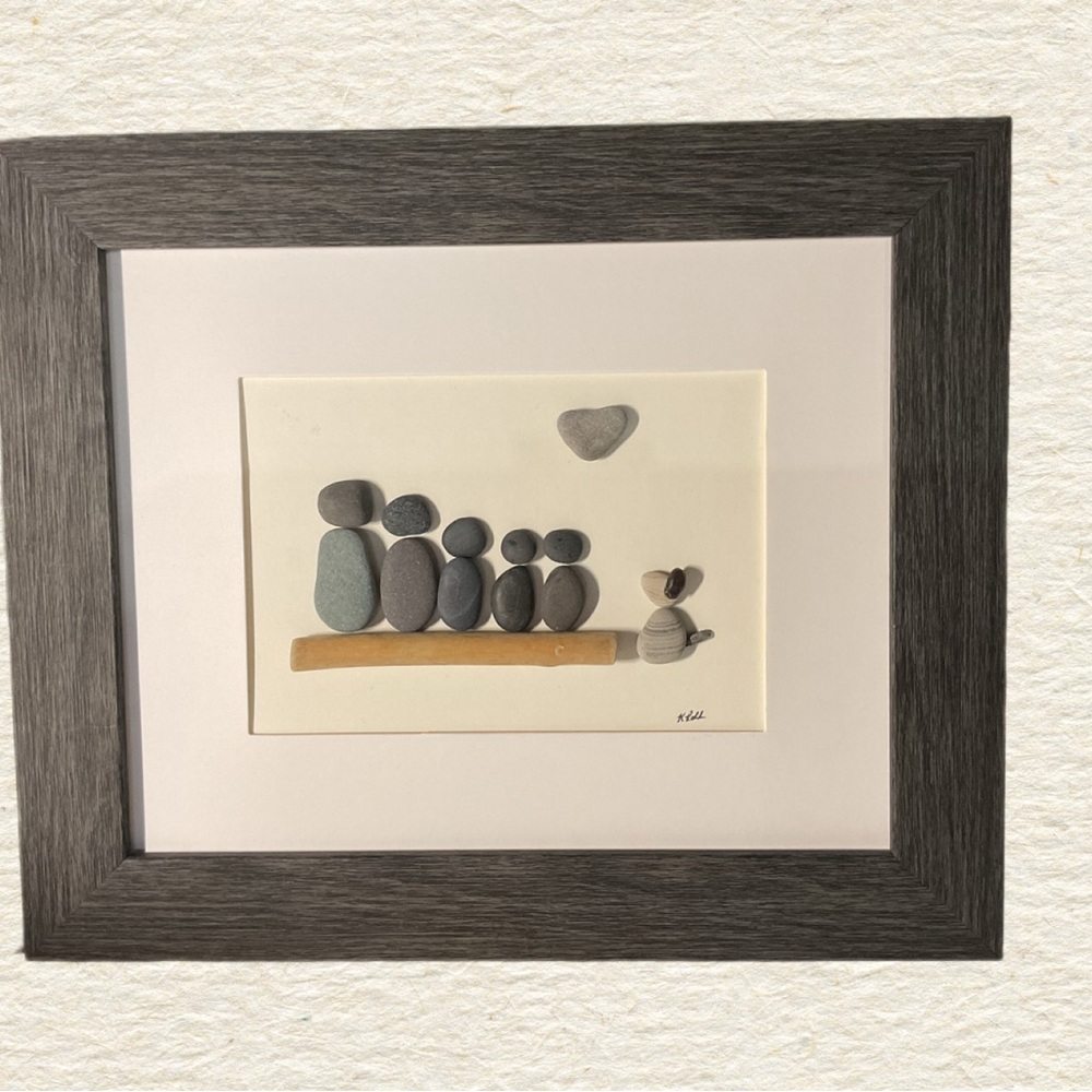 Framed Pebble Art Family of 5 plus dog